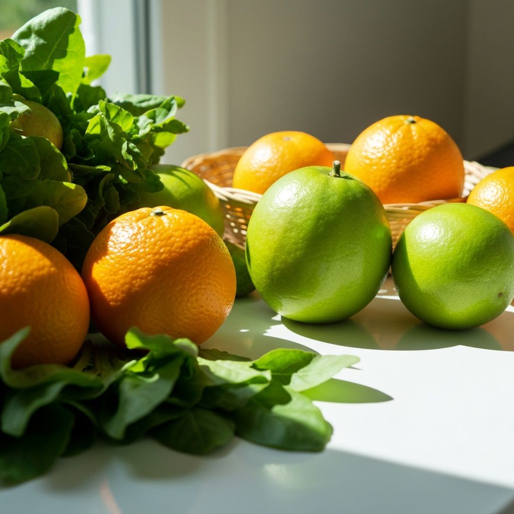 Fresh morning citrus and greens in bright sunlight
