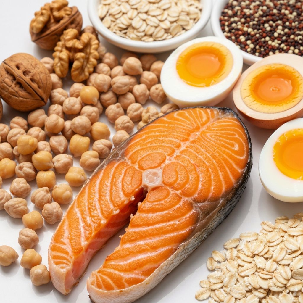 Protein-rich foods including nuts, legumes and eggs